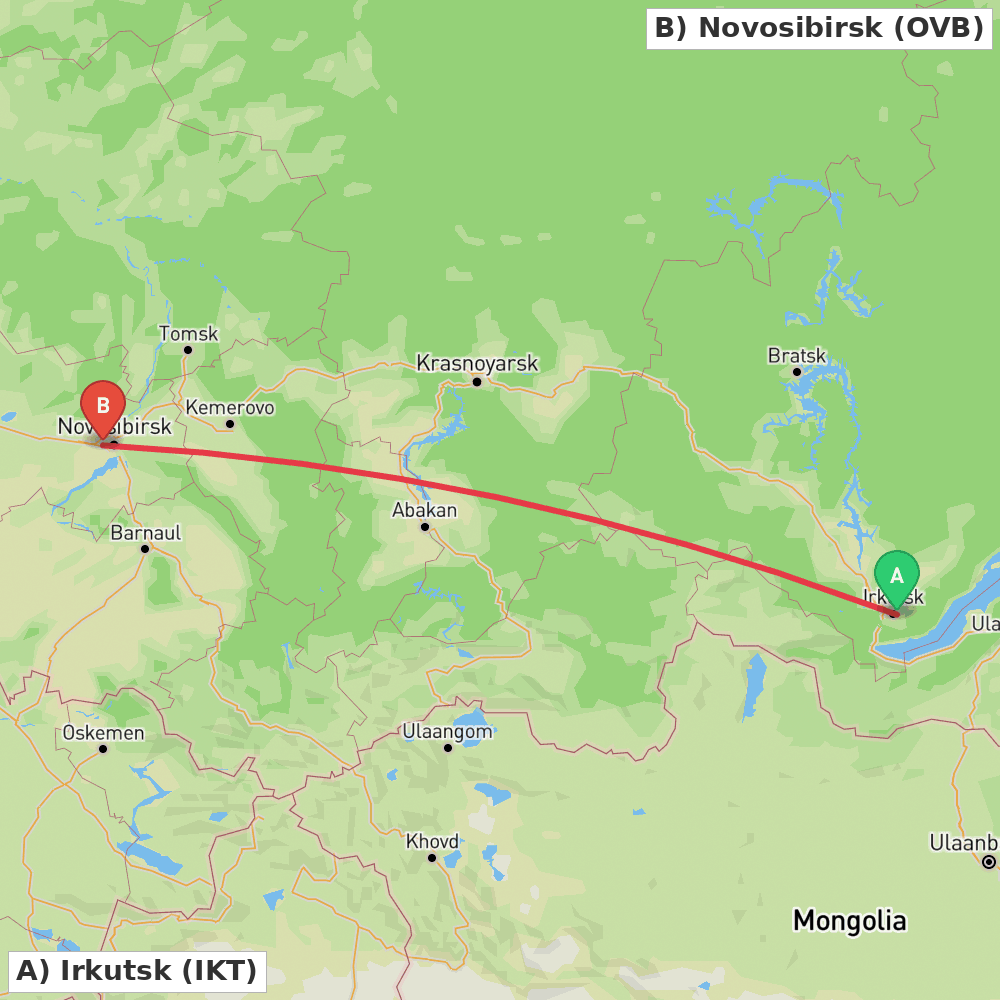 Flight route map from Irkutsk to Novosibirsk