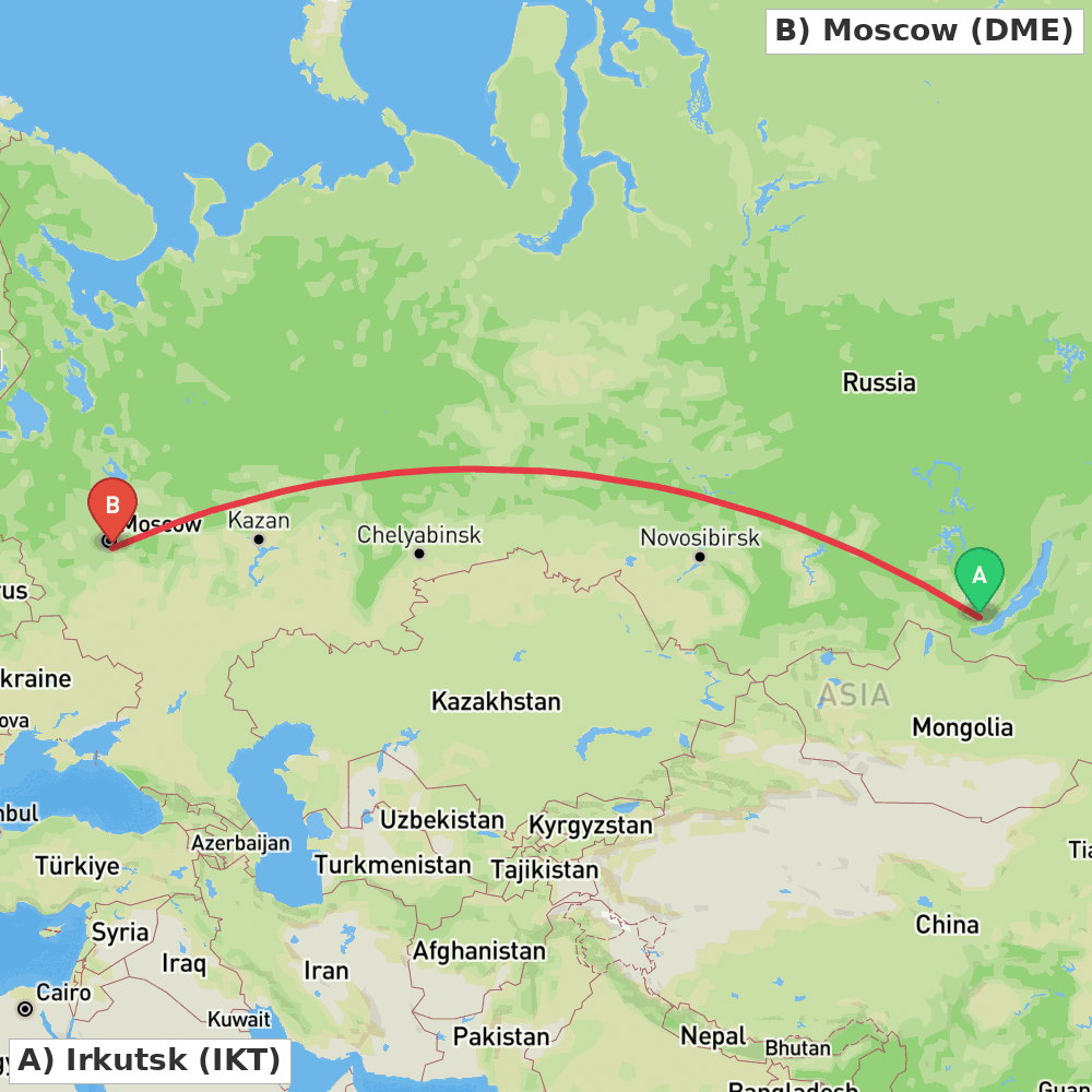 Flight route map from Irkutsk to Moscow