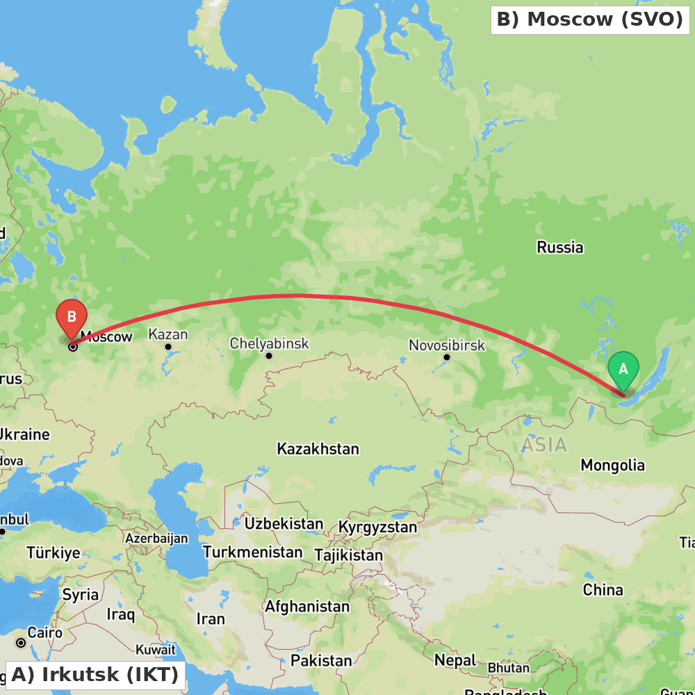 Flight route map from Irkutsk to Moscow