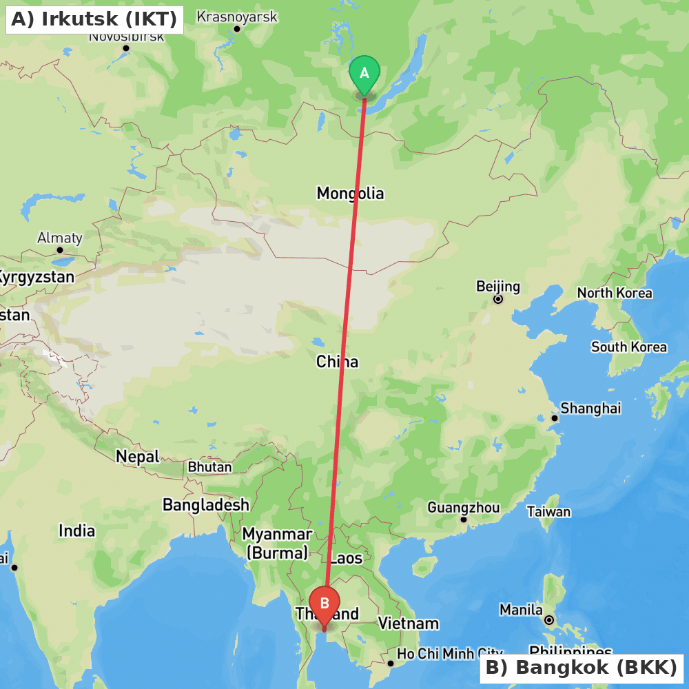 Flight route map from Irkutsk to Bangkok