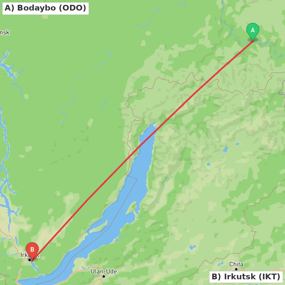 Flight route map from Bodaybo to Irkutsk