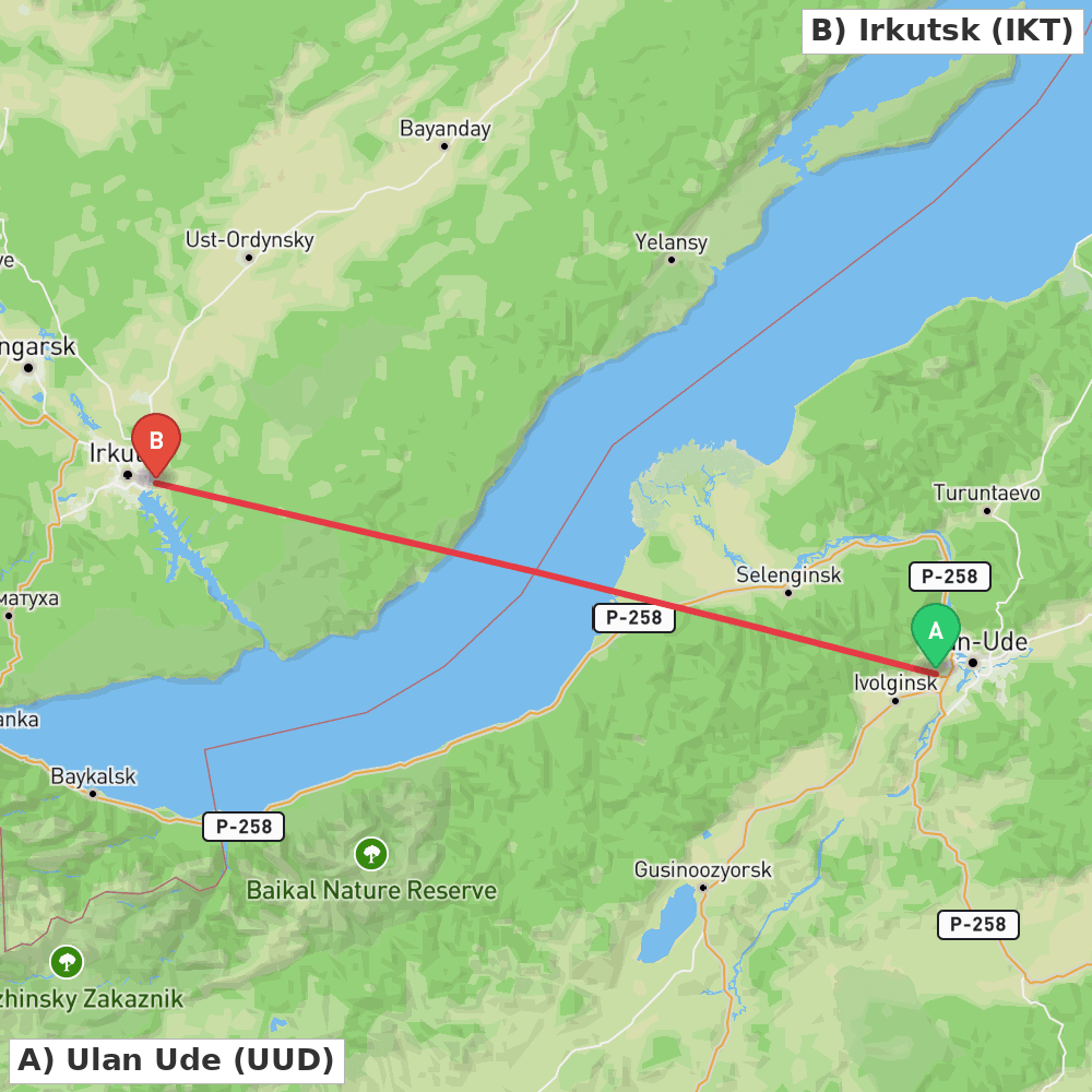 Flight route map from Ulan Ude to Irkutsk