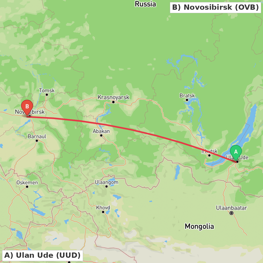 Flight route map from Ulan Ude to Novosibirsk