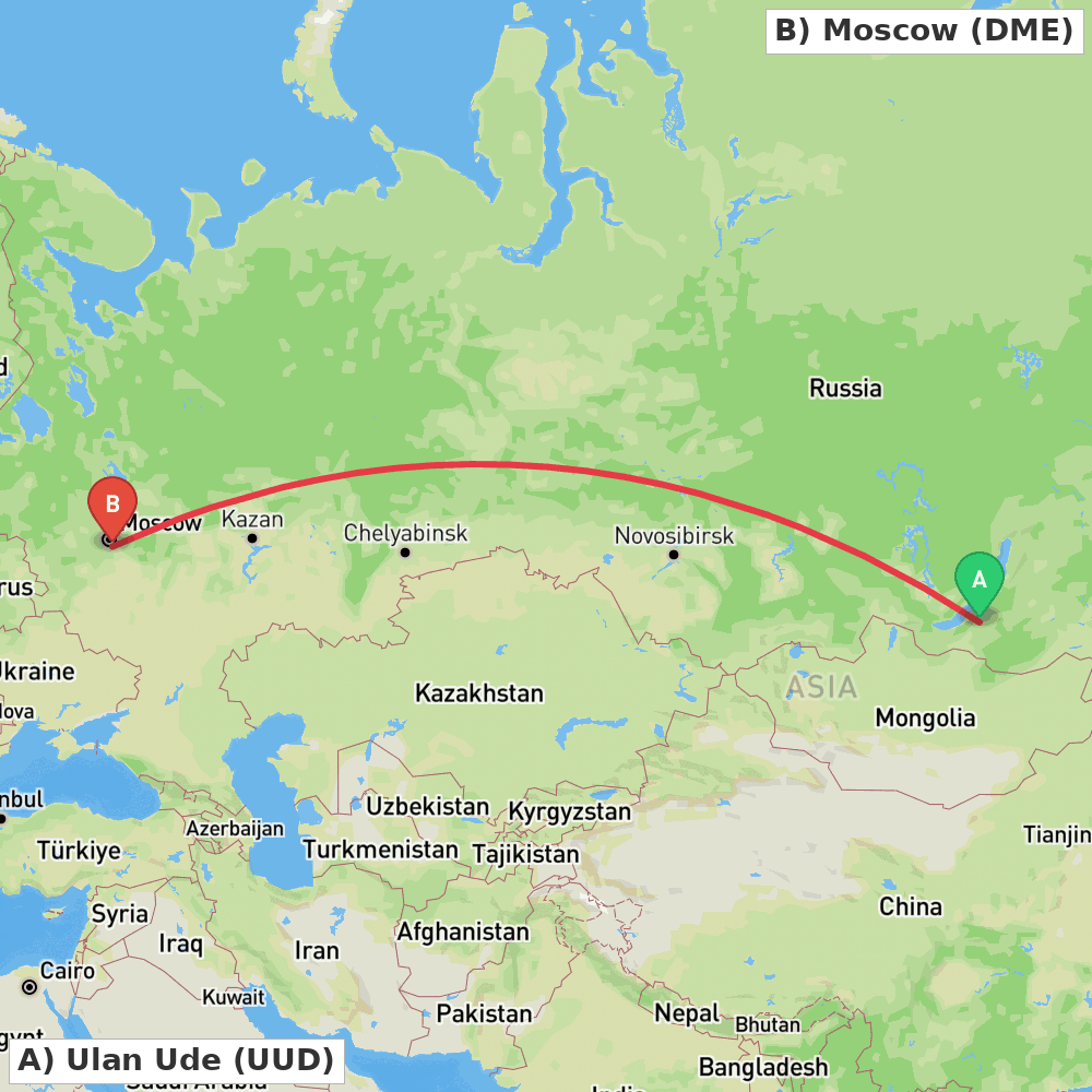 Flight route map from Ulan Ude to Moscow