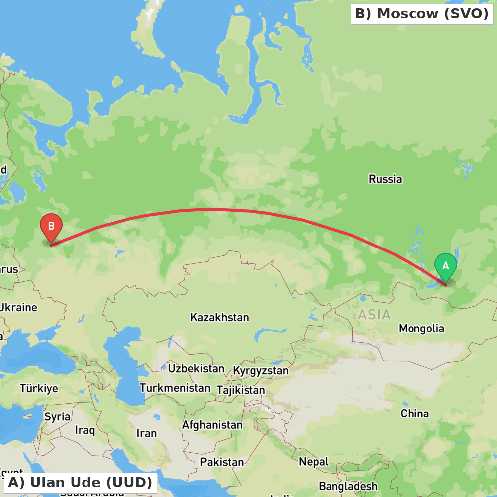 Flight route map from Ulan Ude to Moscow