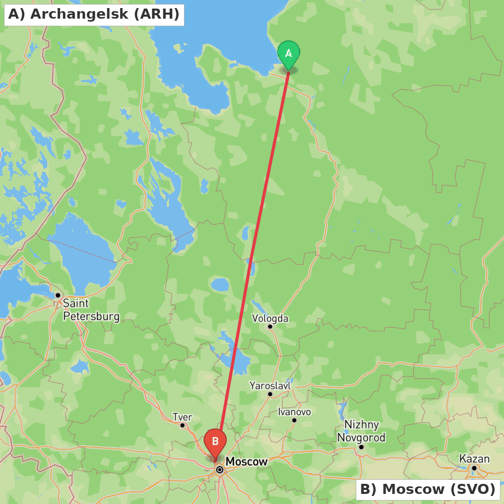 Flight route map from Archangelsk to Moscow