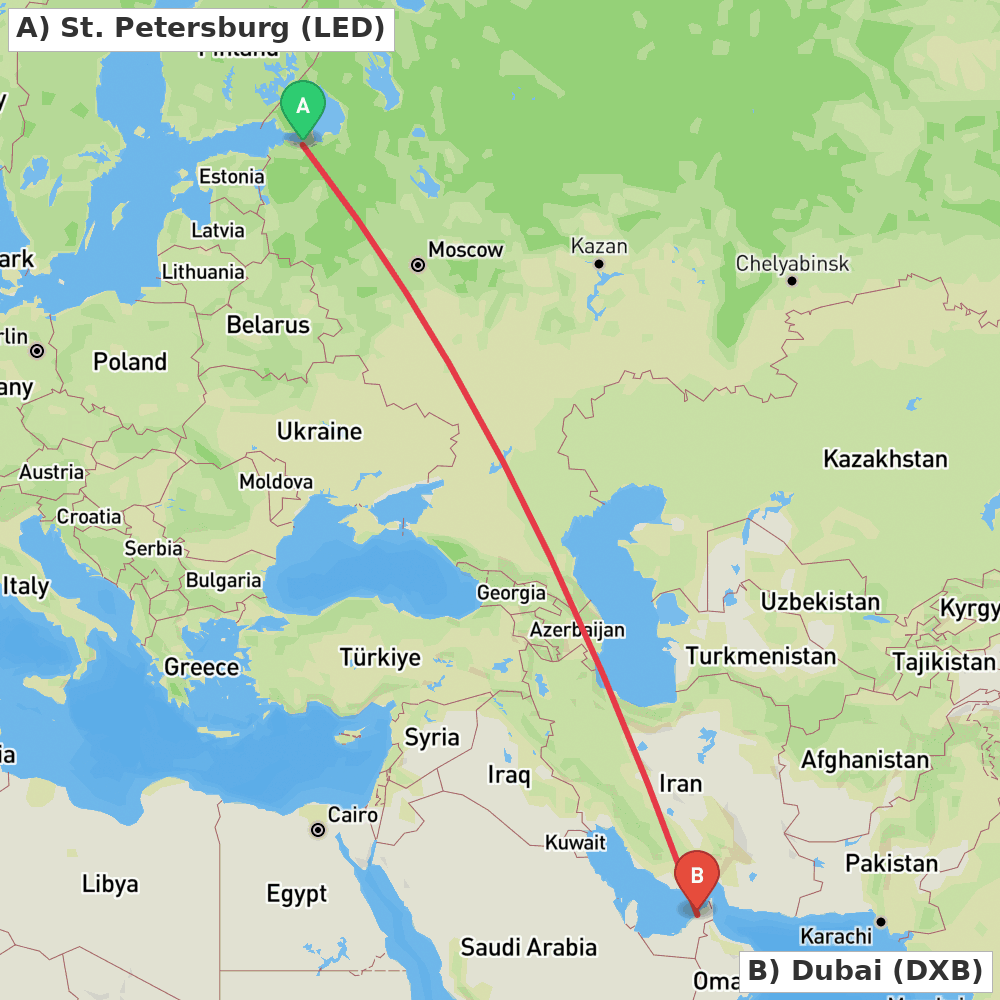 Flight route map from St. Petersburg to Dubai