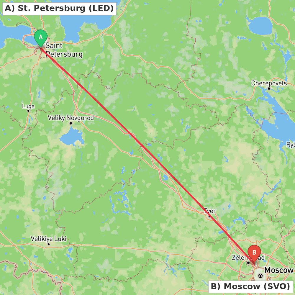 Flight route map from St. Petersburg to Moscow