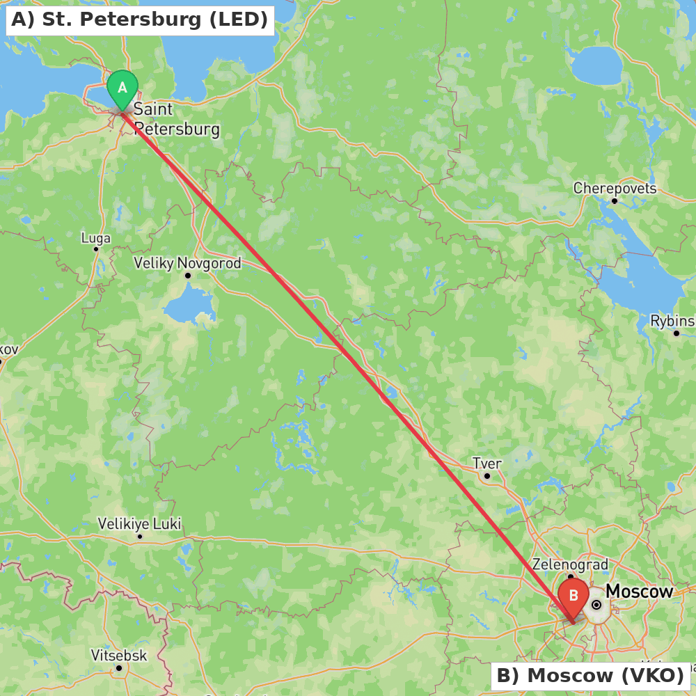 Flight route map from St. Petersburg to Moscow