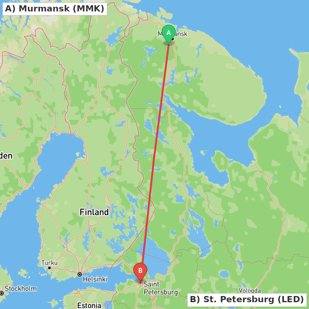 Flight route map from Murmansk to St. Petersburg