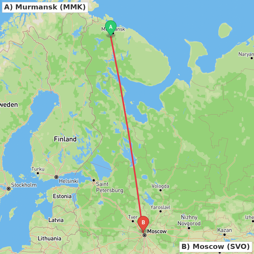 Flight route map from Murmansk to Moscow