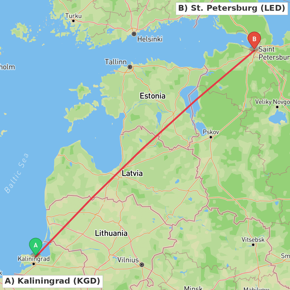 Flight route map from Kaliningrad to St. Petersburg