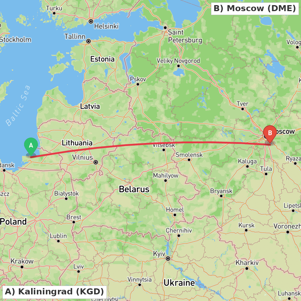 Flight route map from Kaliningrad to Moscow