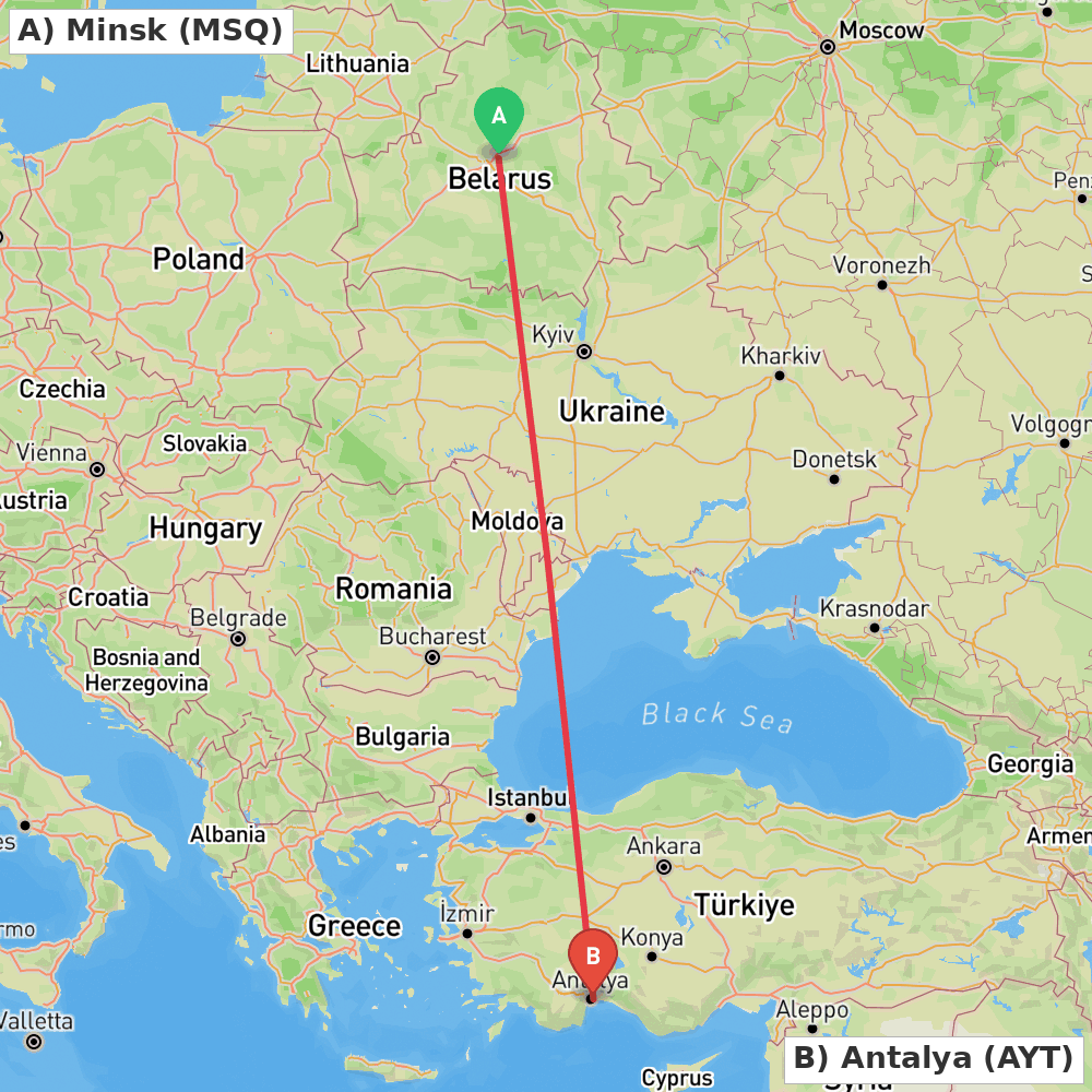 Flight route map from Minsk to Antalya
