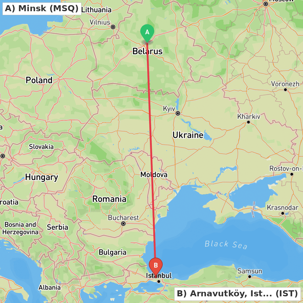 Flight route map from Minsk to Arnavutköy, Istanbul