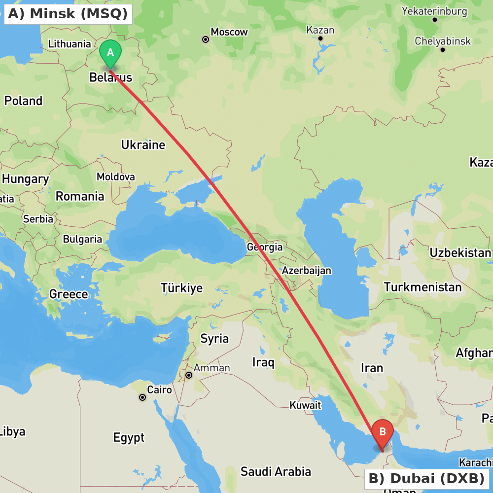 Flight route map from Minsk to Dubai