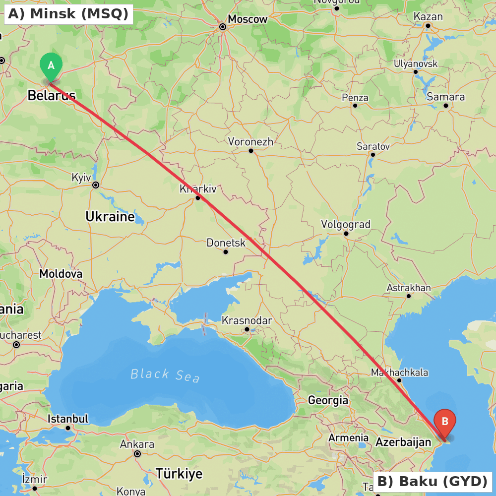 Flight route map from Minsk to Baku