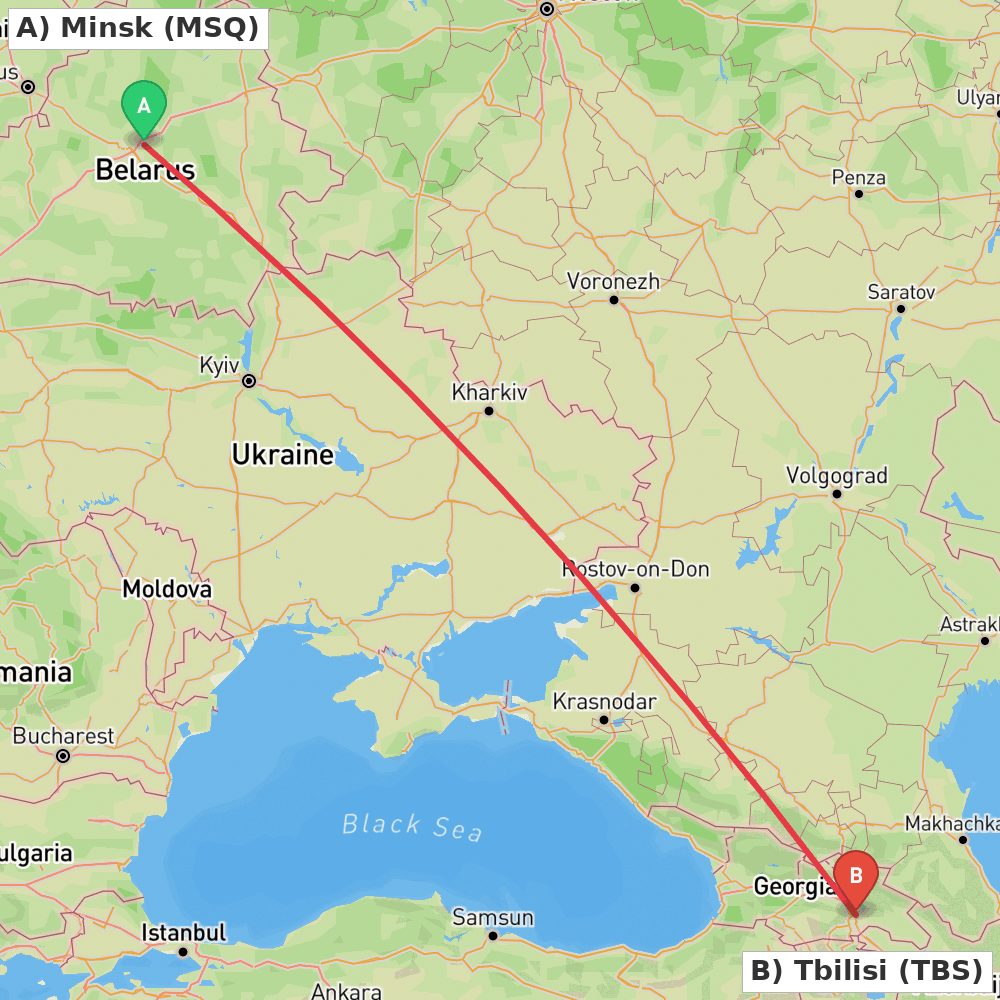 Flight route map from Minsk to Tbilisi