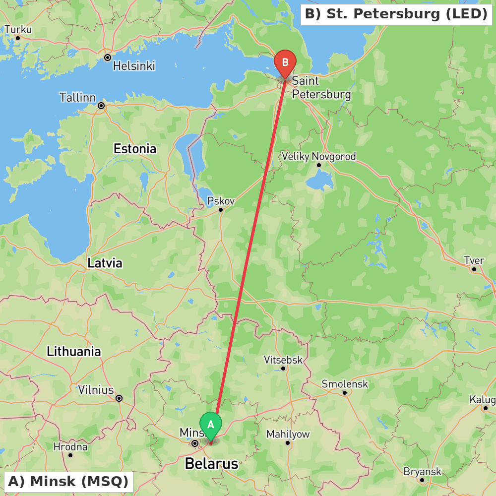 Flight route map from Minsk to St. Petersburg