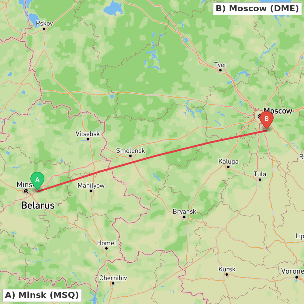 Flight route map from Minsk to Moscow