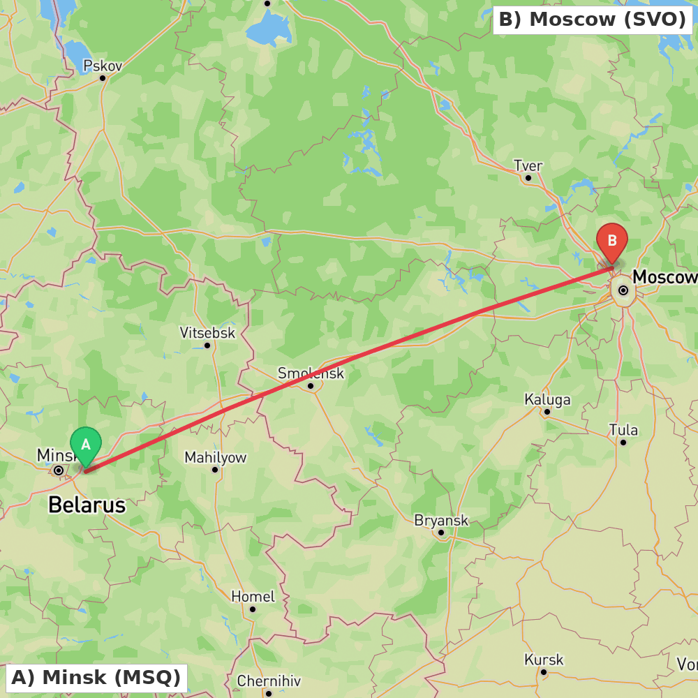 Flight route map from Minsk to Moscow