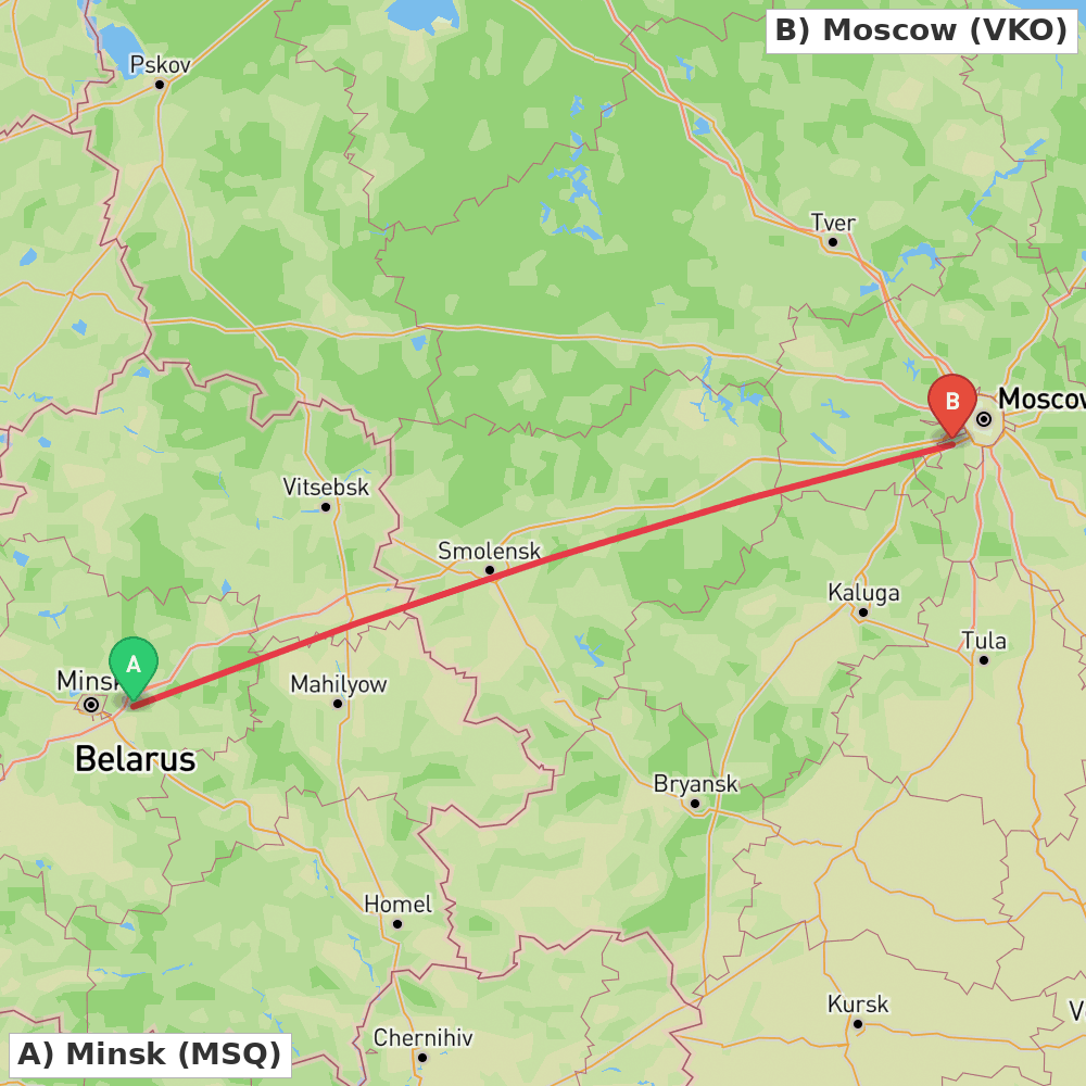 Flight route map from Minsk to Moscow