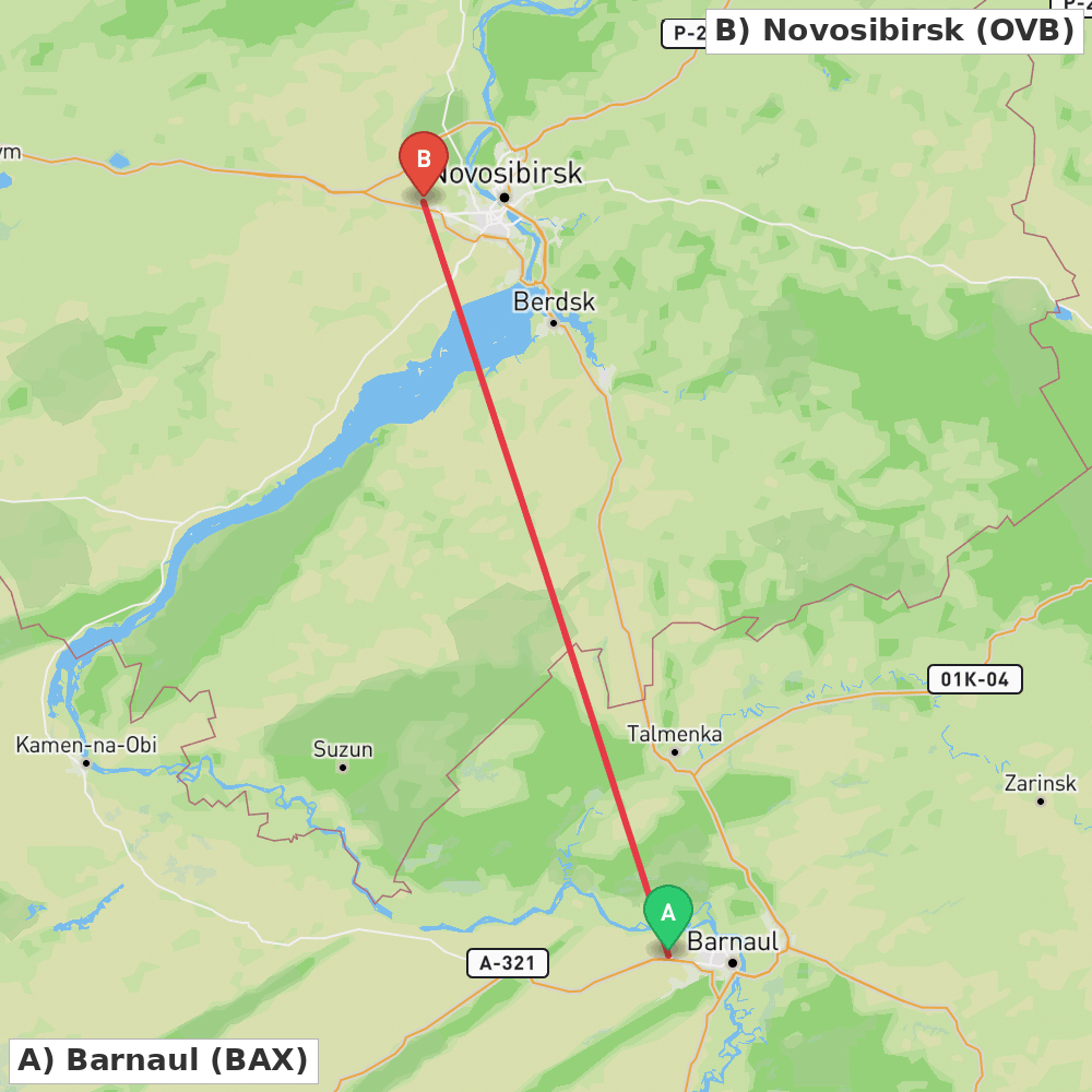Flight route map from Barnaul to Novosibirsk