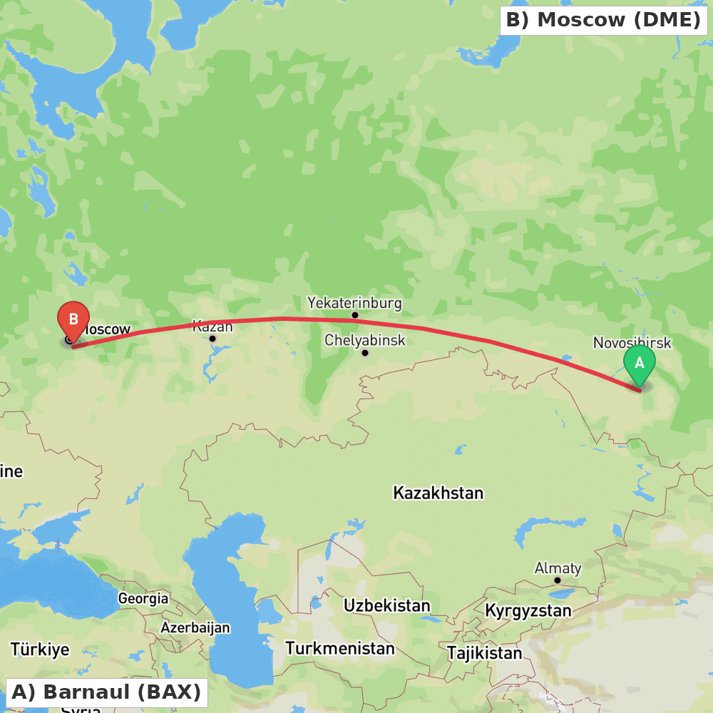 Flight route map from Barnaul to Moscow