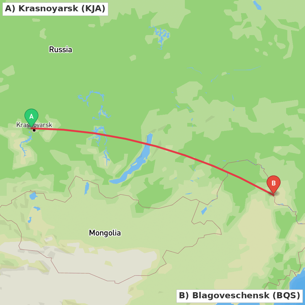 Flight route map from Krasnoyarsk to Blagoveschensk