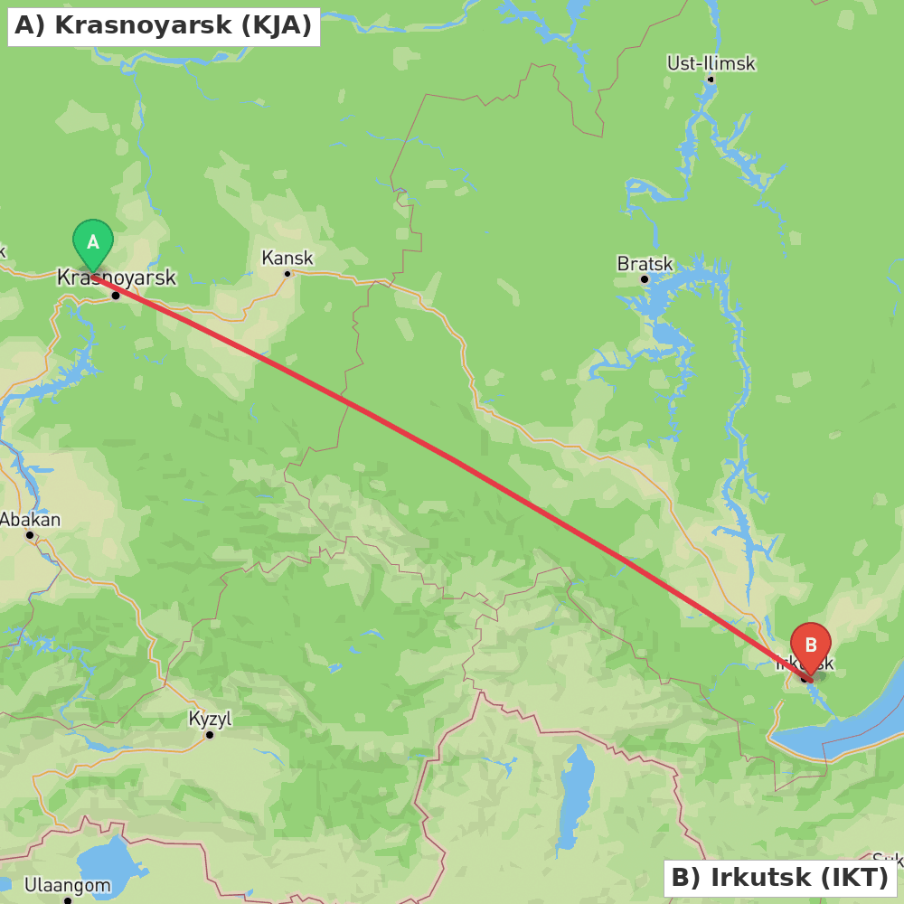 Flight route map from Krasnoyarsk to Irkutsk