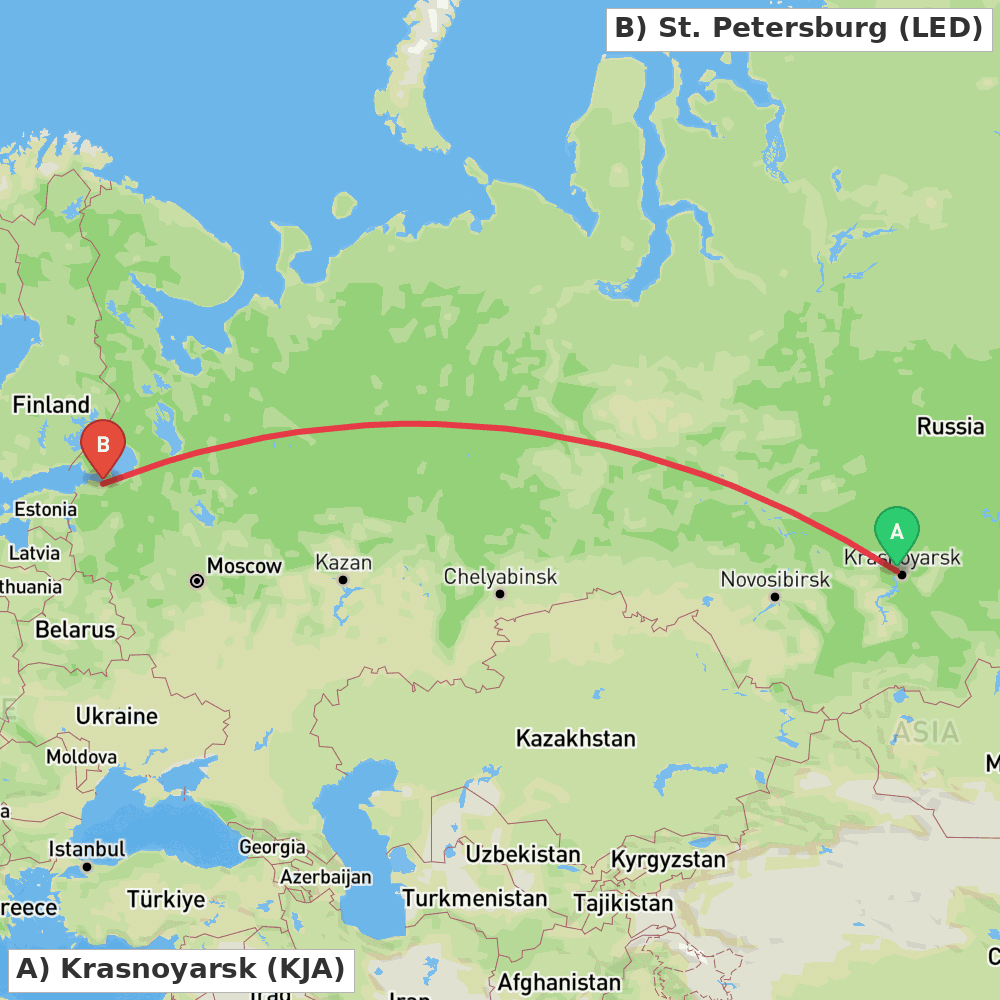 Flight route map from Krasnoyarsk to St. Petersburg