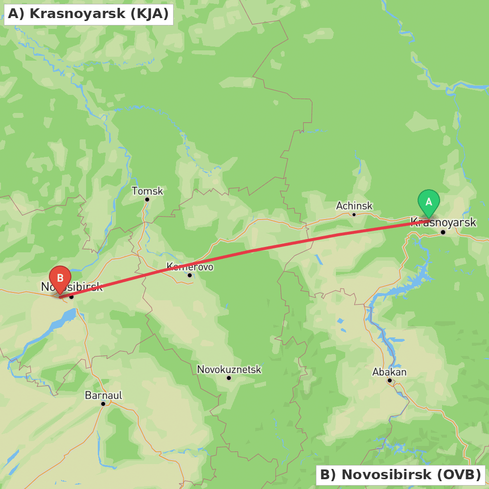 Flight route map from Krasnoyarsk to Novosibirsk