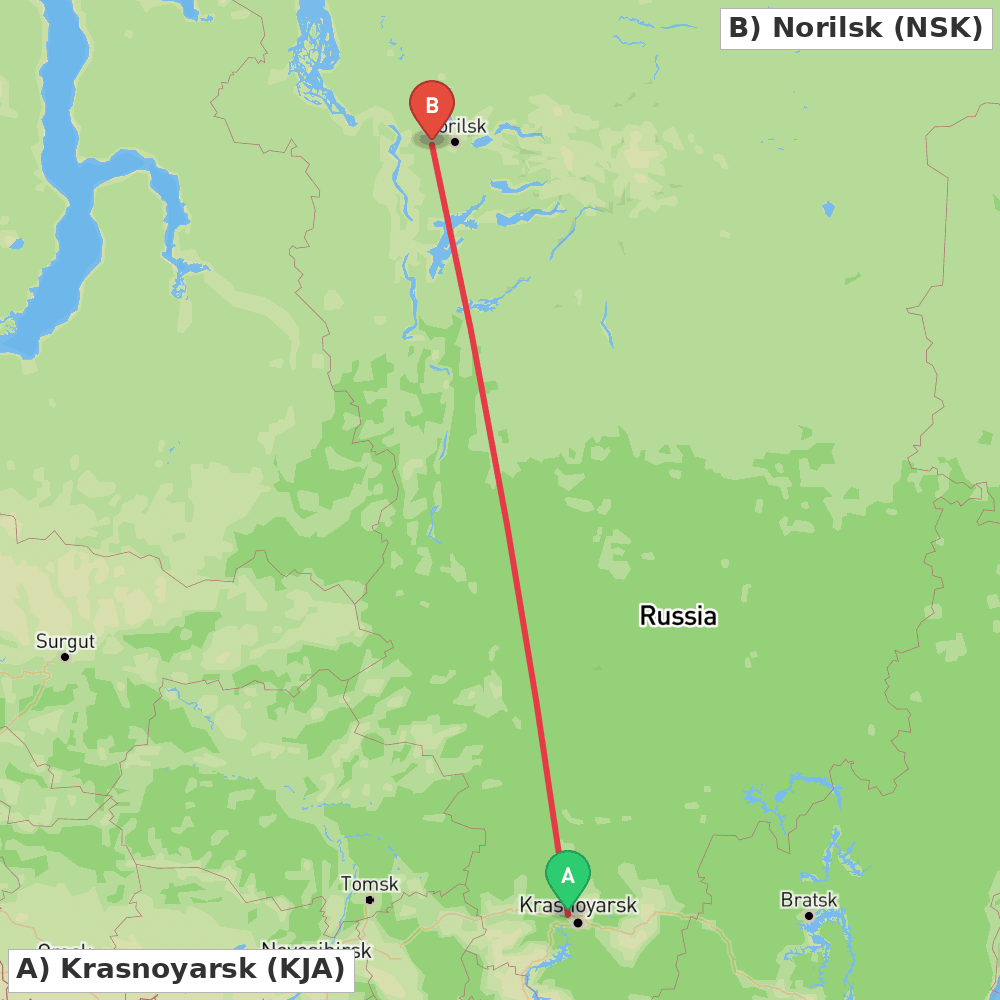 Flight route map from Krasnoyarsk to Norilsk