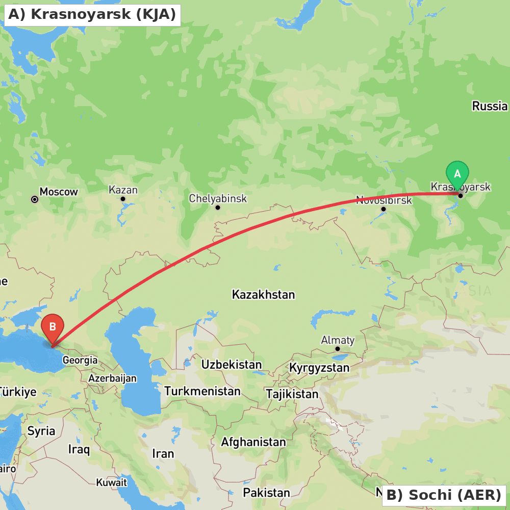 Flight route map from Krasnoyarsk to Sochi