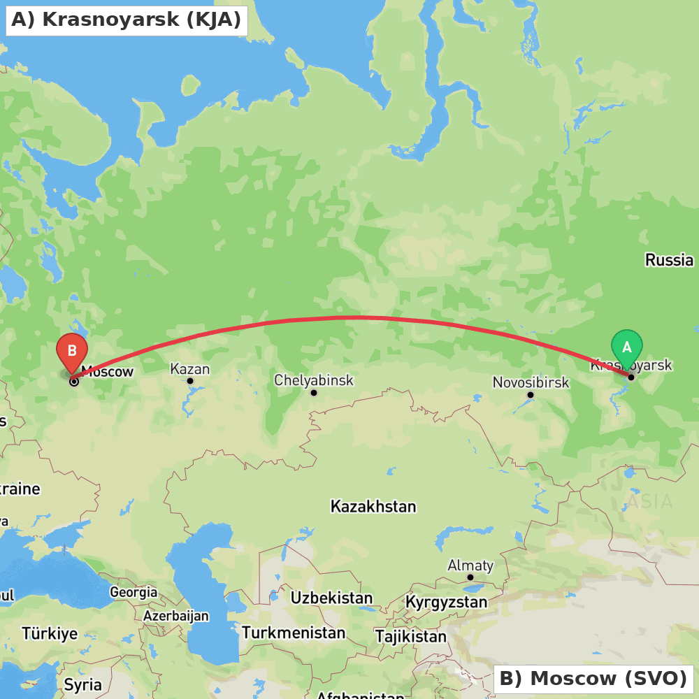 Flight route map from Krasnoyarsk to Moscow