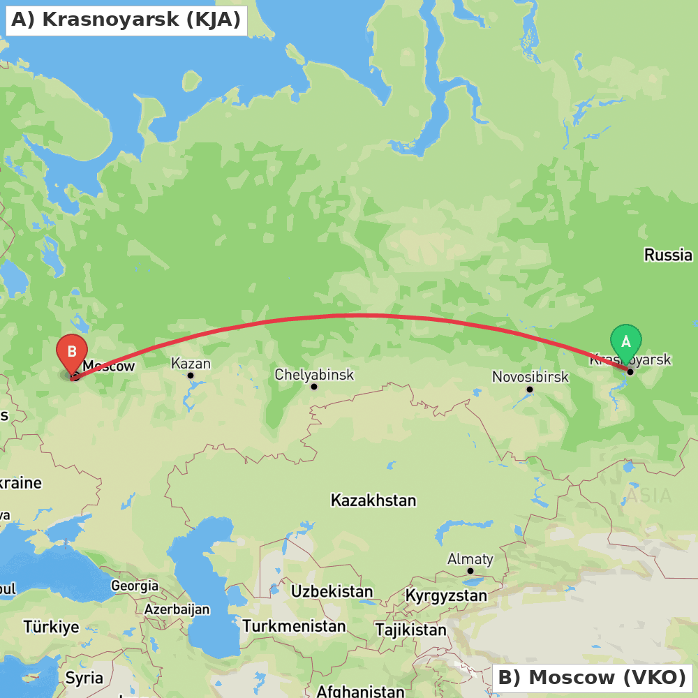 Flight route map from Krasnoyarsk to Moscow