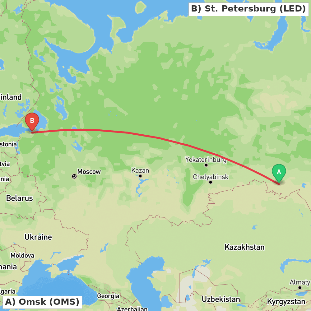 Flight route map from Omsk to St. Petersburg