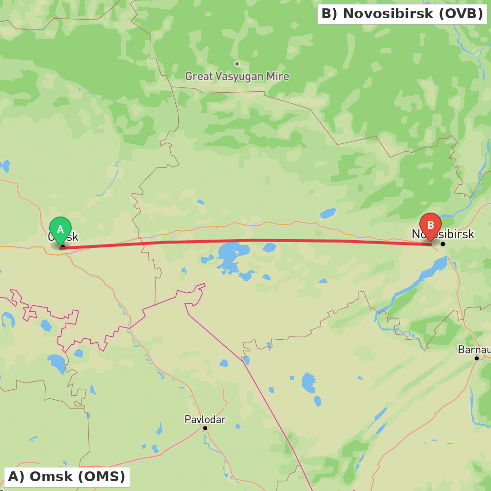 Flight route map from Omsk to Novosibirsk