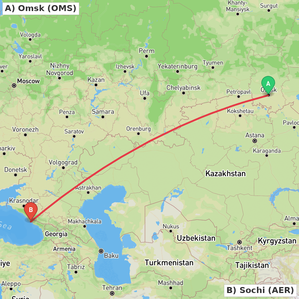 Flight route map from Omsk to Sochi