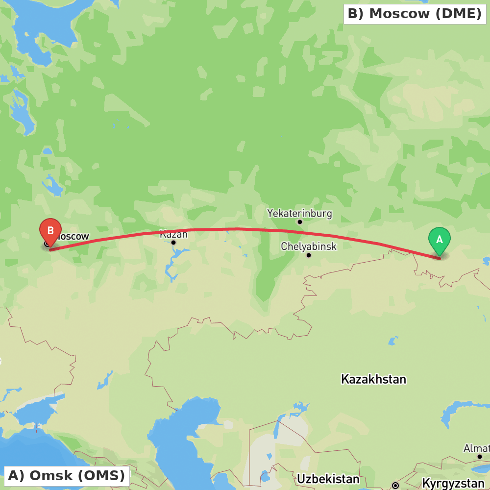 Flight route map from Omsk to Moscow