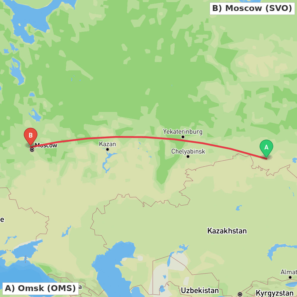 Flight route map from Omsk to Moscow
