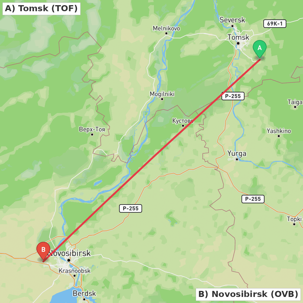 Flight route map from Tomsk to Novosibirsk