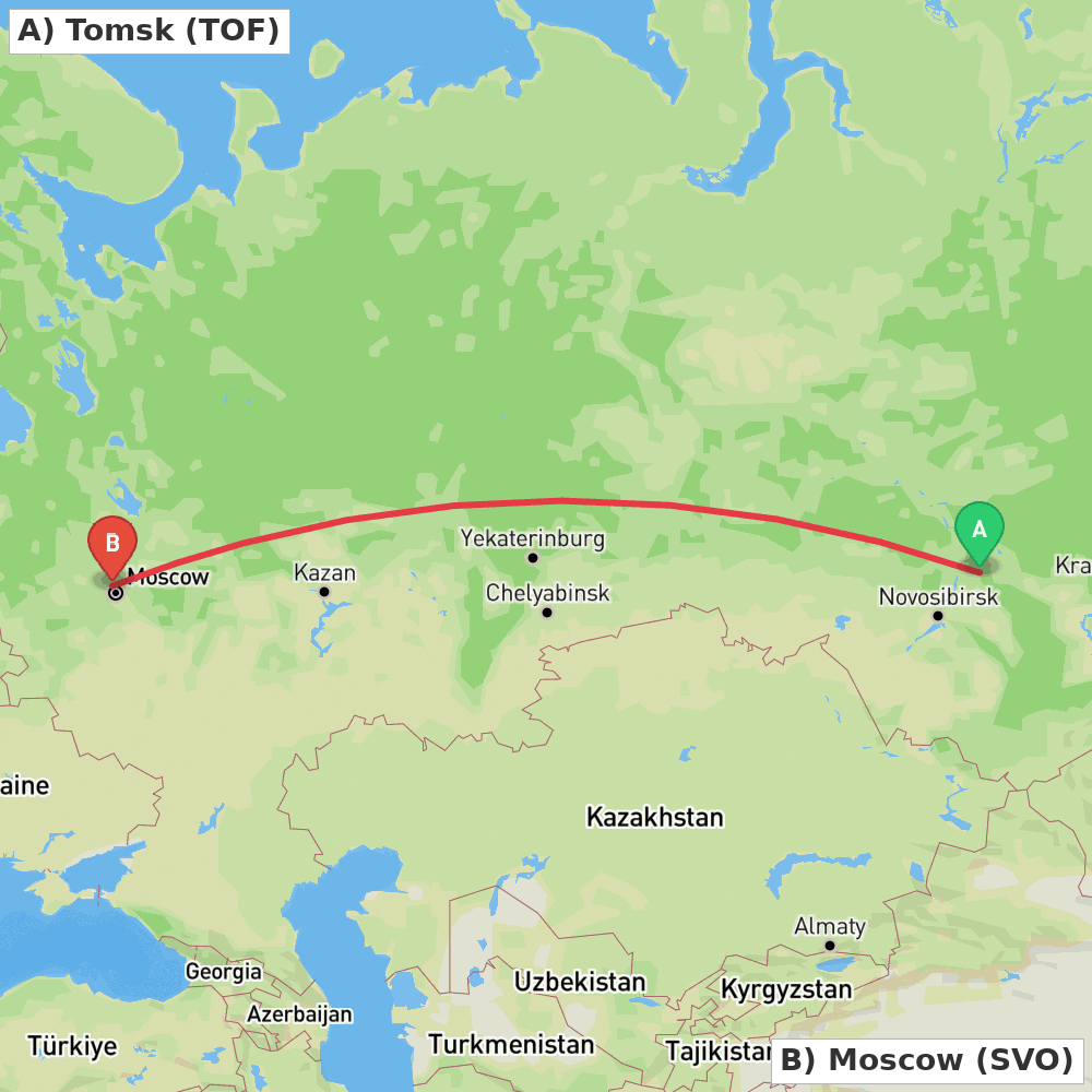 Flight route map from Tomsk to Moscow