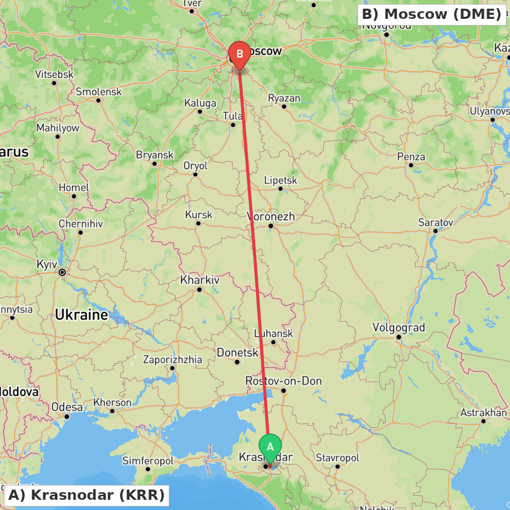 Flight route map from Krasnodar to Moscow
