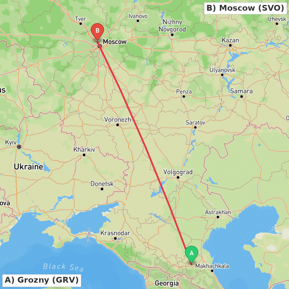 Flight route map from Grozny to Moscow