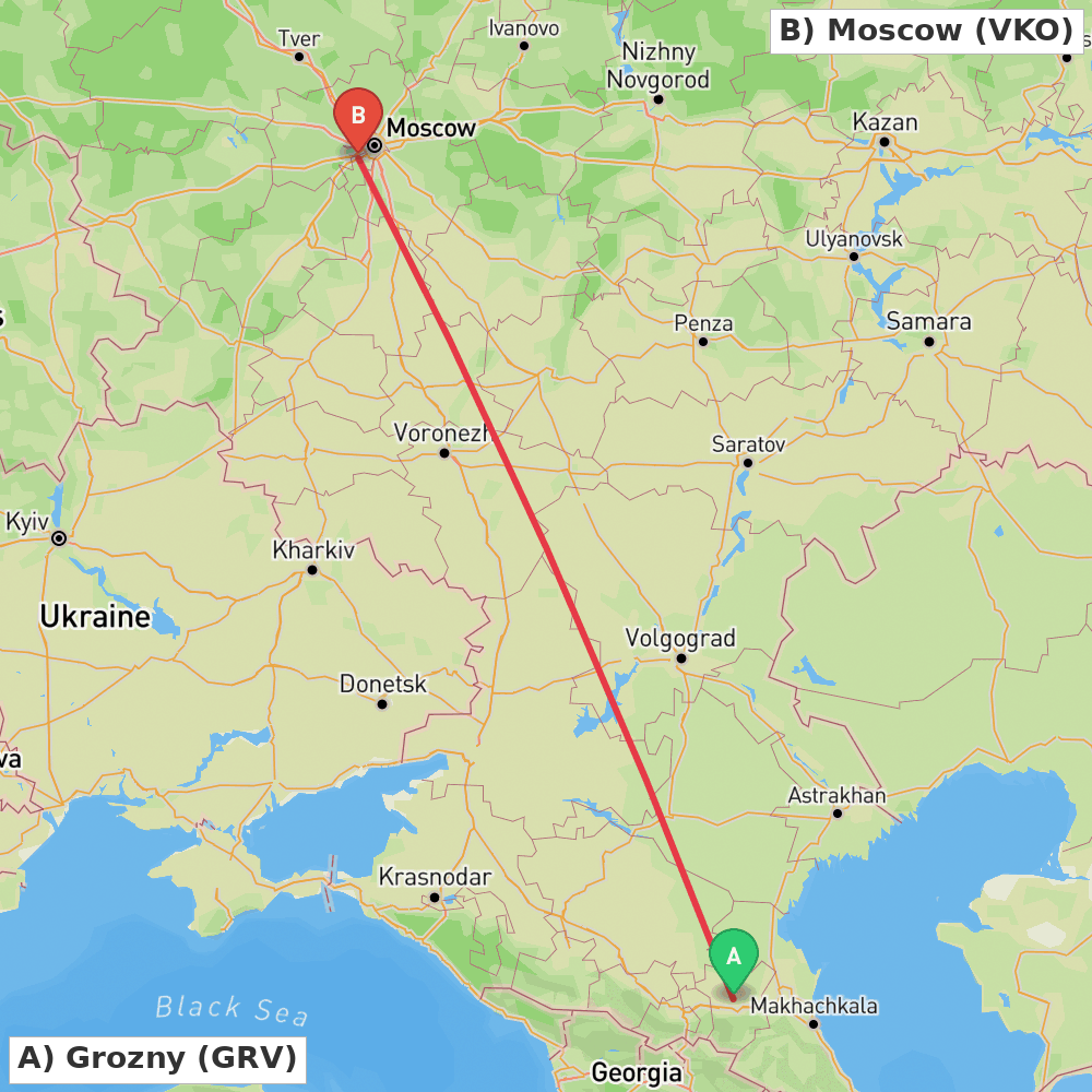 Flight route map from Grozny to Moscow