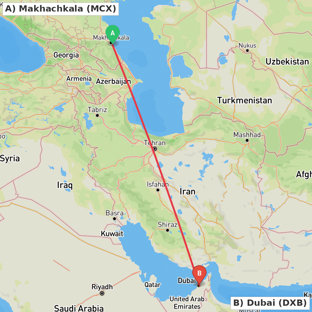 Flight route map from Makhachkala to Dubai