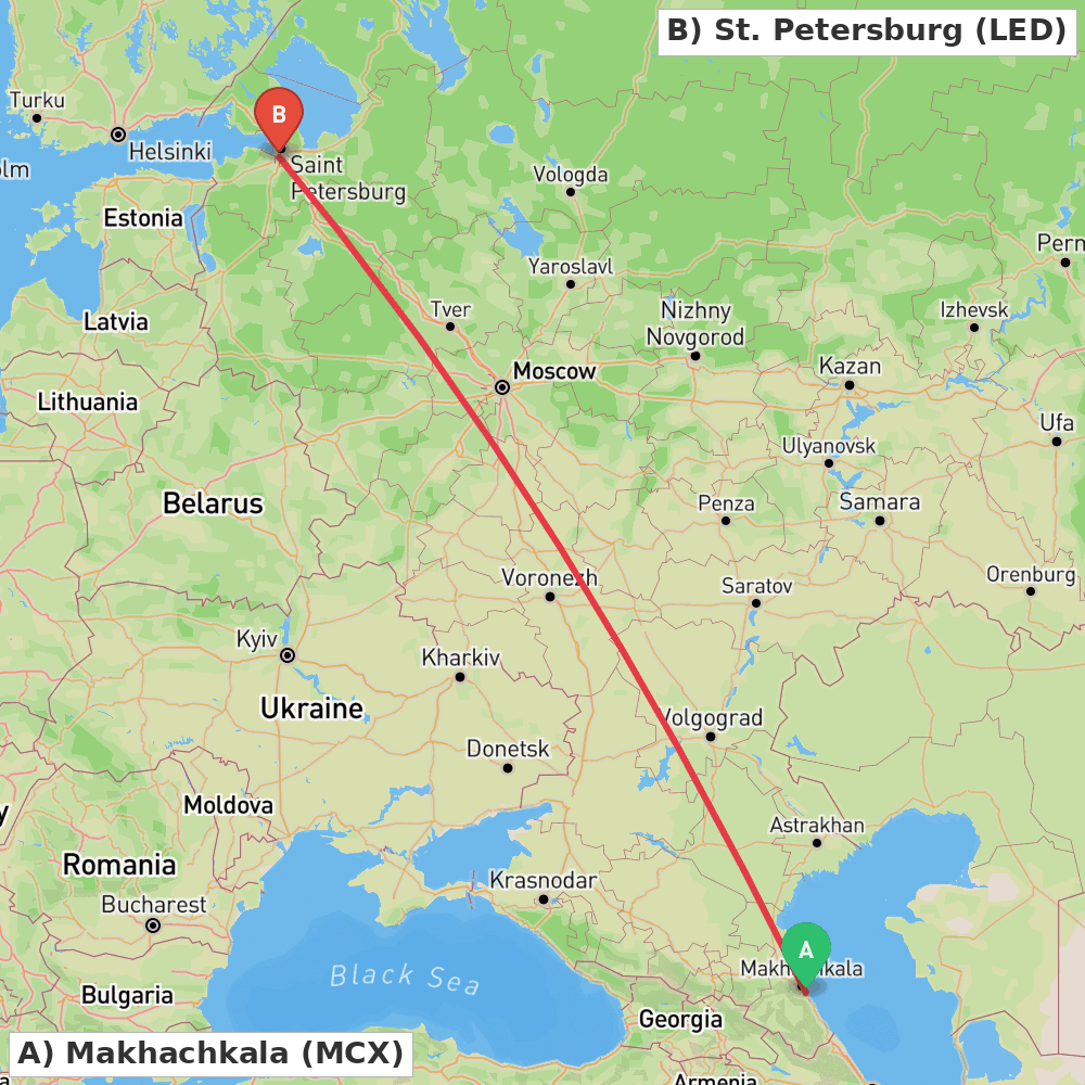 Flight route map from Makhachkala to St. Petersburg