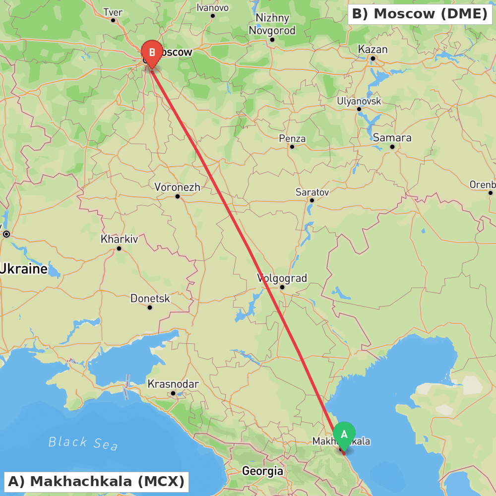 Flight route map from Makhachkala to Moscow