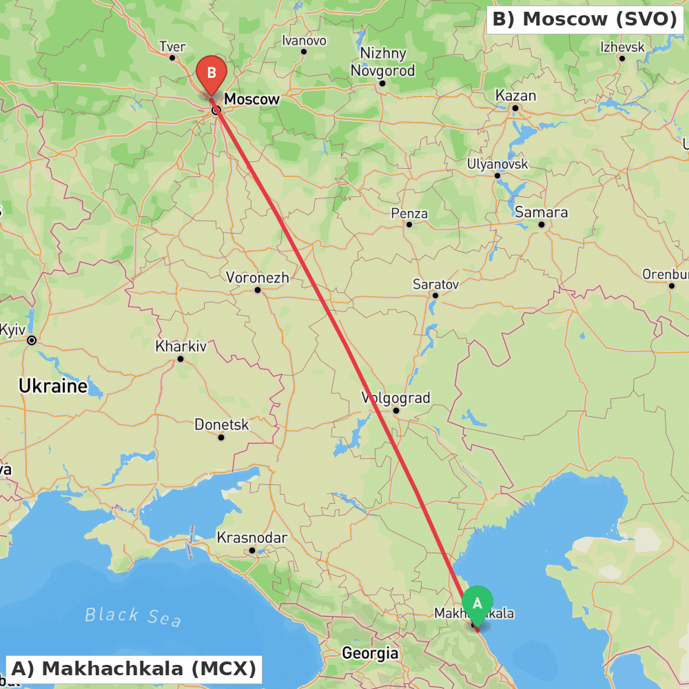 Flight route map from Makhachkala to Moscow